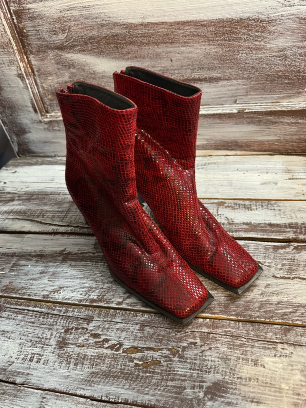 Stuart Weitzman Red Snake-Print Square-Toe Booties
